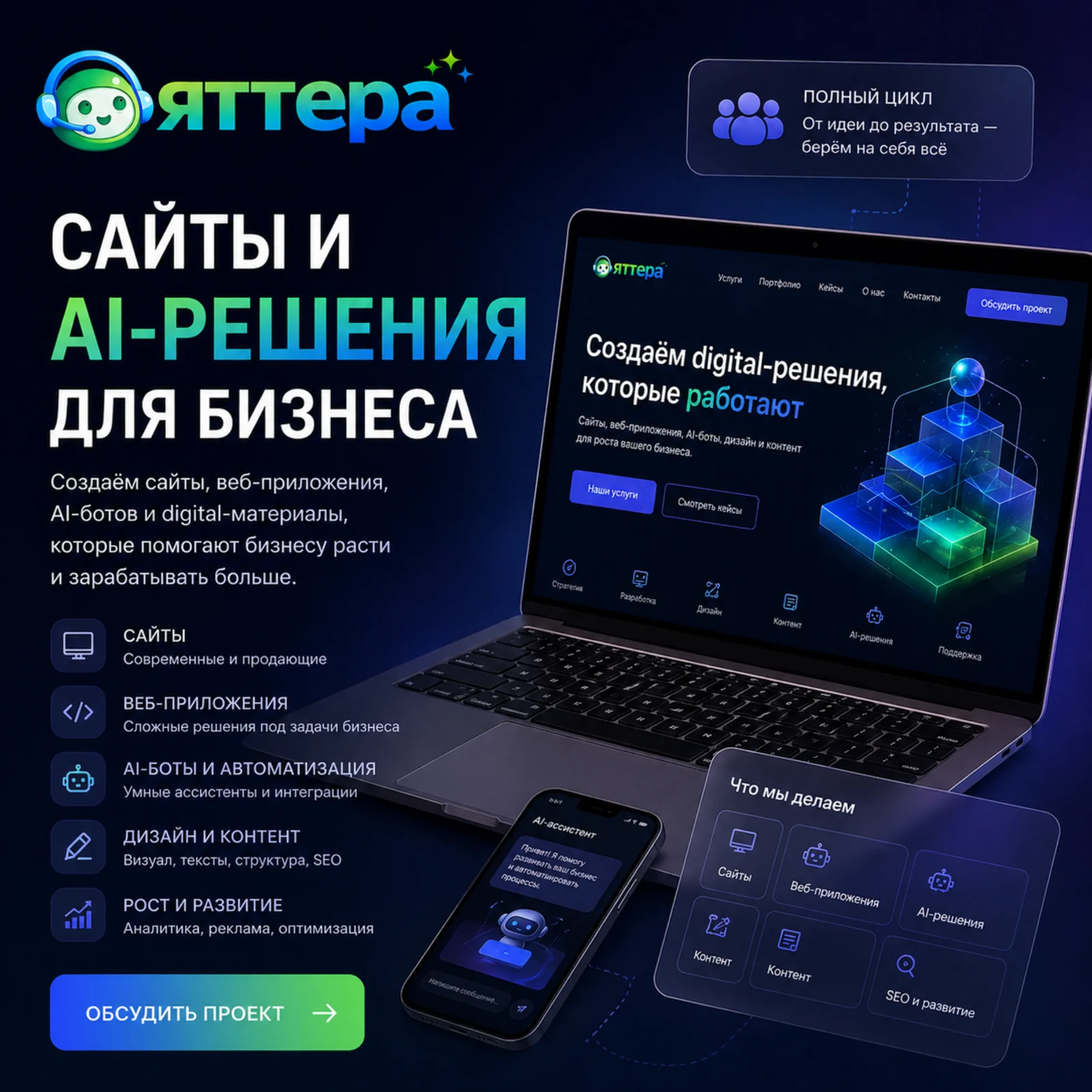 Баннер Яттера / Yattera «Сайты и AI-решения для бизнеса» с логотипом, ноутбуком, мобильным AI-ассистентом, карточками услуг, CTA-кнопкой и тёмной digital-композицией.