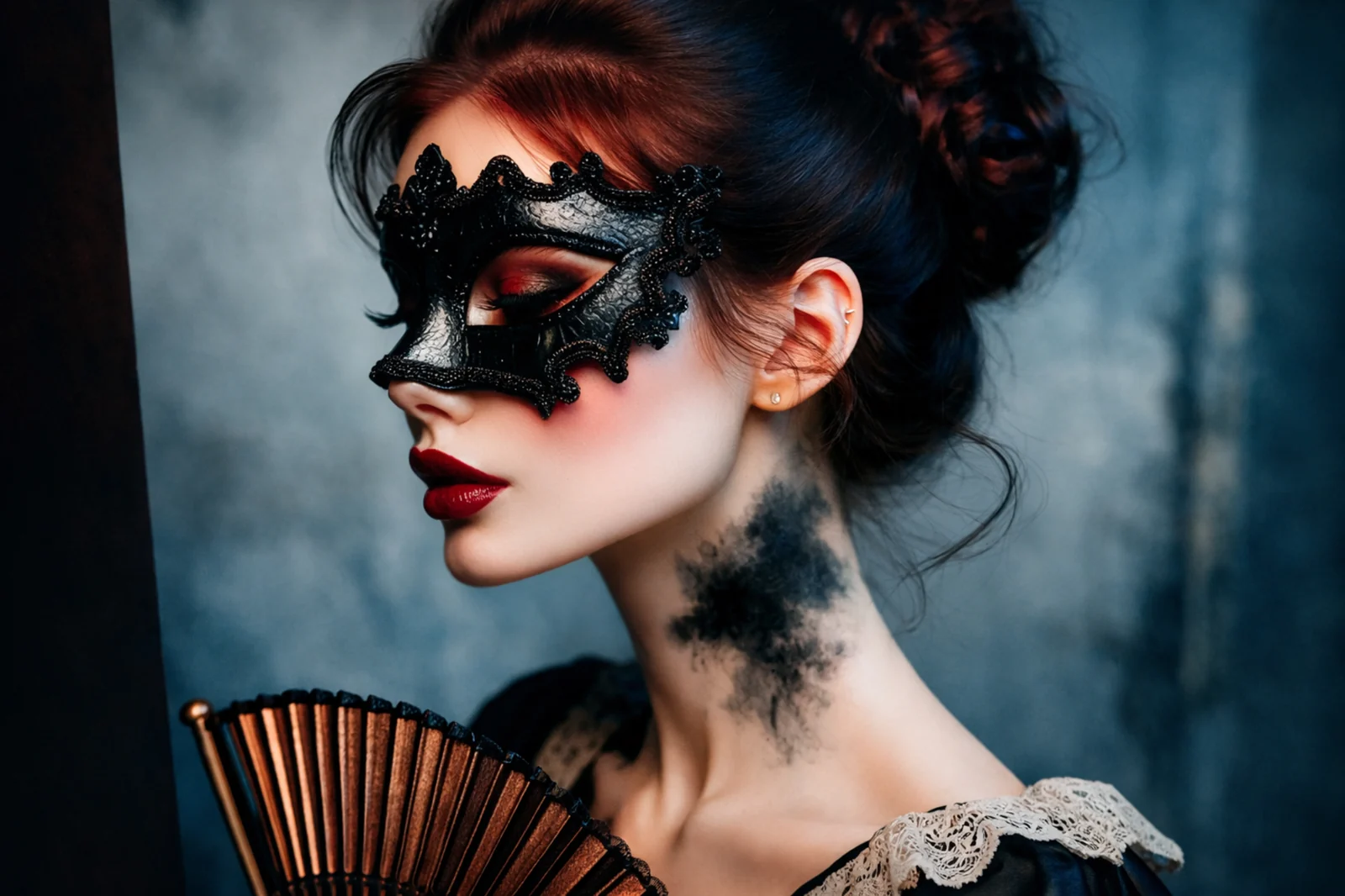 Женский портрет в чёрной маске с веером в стилистике AI-графики