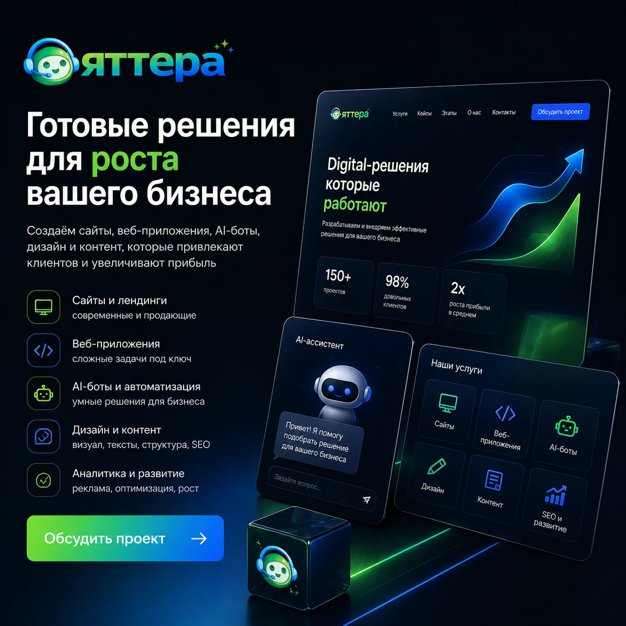 Баннер Яттера / Yattera «Готовые решения для роста вашего бизнеса» с логотипом, тёмным интерфейсом, графиком роста, AI-ассистентом, карточками услуг и CTA-кнопкой.