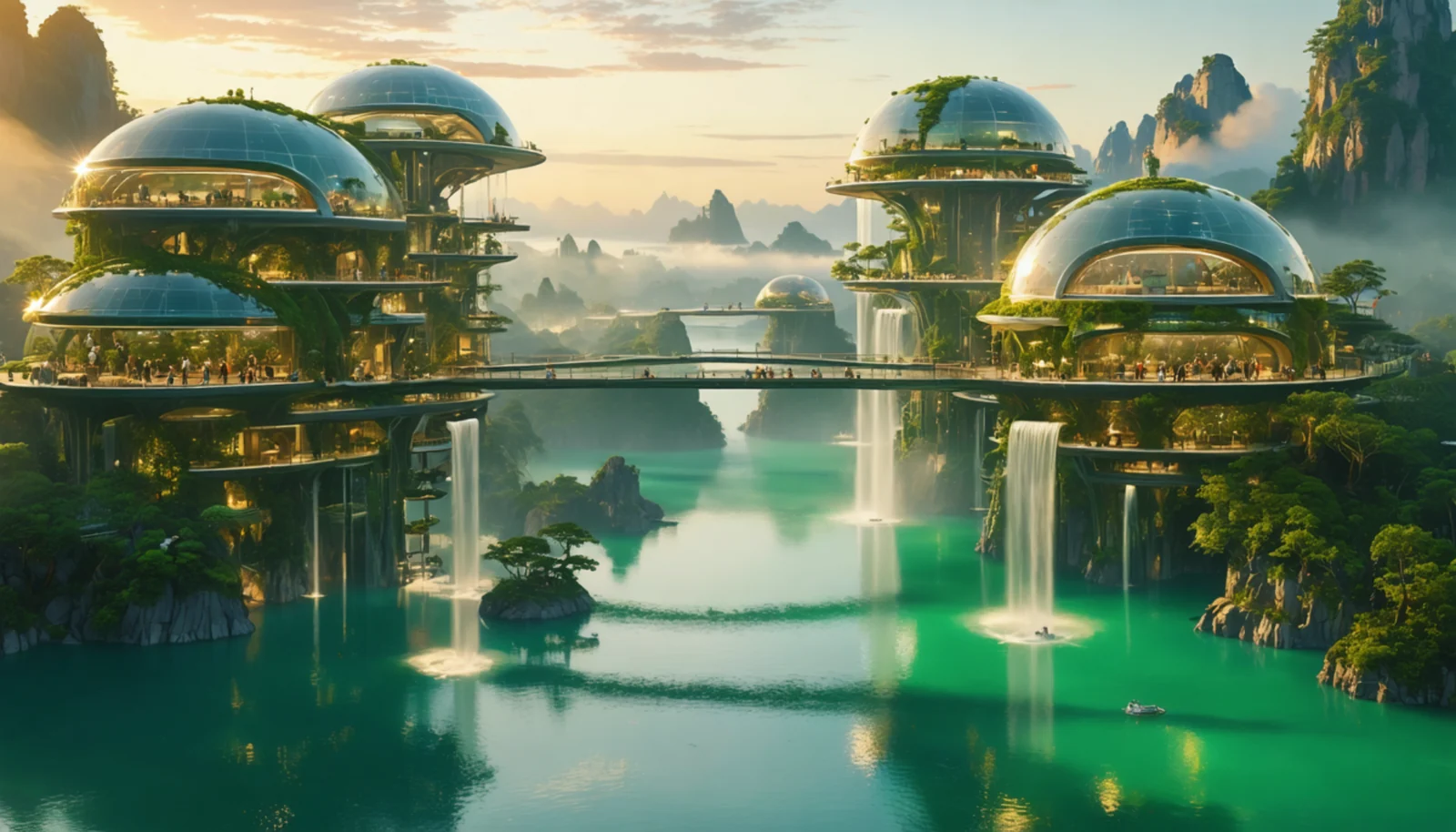 Футуристичный экогород с купольной архитектурой, водопадами и зелёными террасами над бирюзовой водой