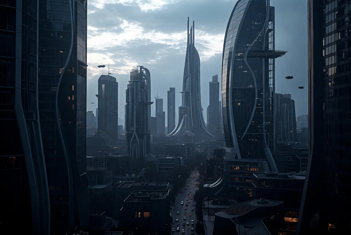 Футуристичный мегаполис с высокими башнями и архитектурой будущего в стиле AI-графики