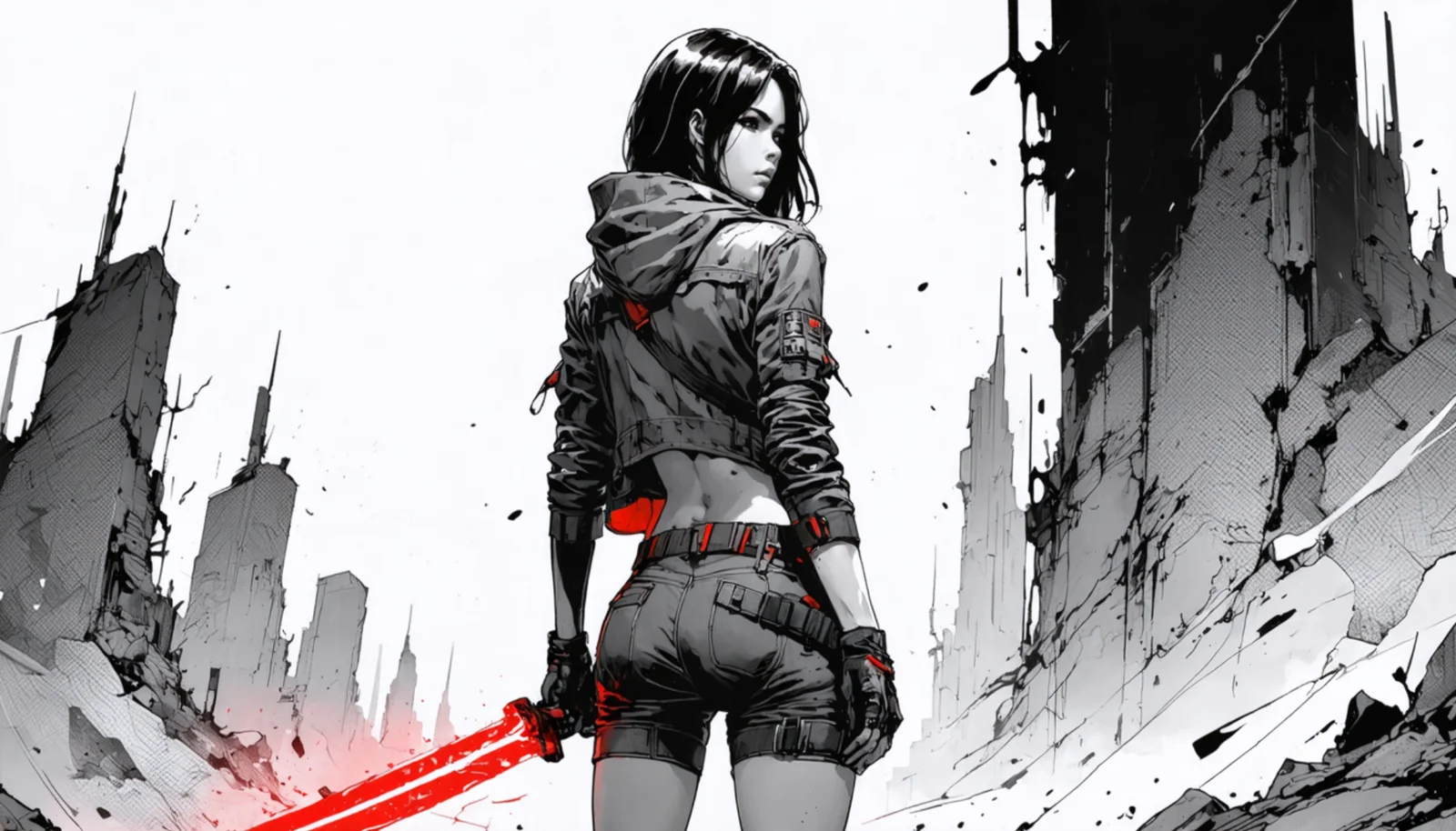 Героиня с красным светящимся мечом на фоне разрушенного города в стиле AI-графики