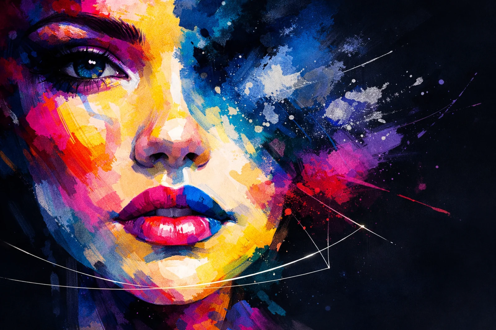 Яркий абстрактный портрет женщины в живописной стилистике AI-графики