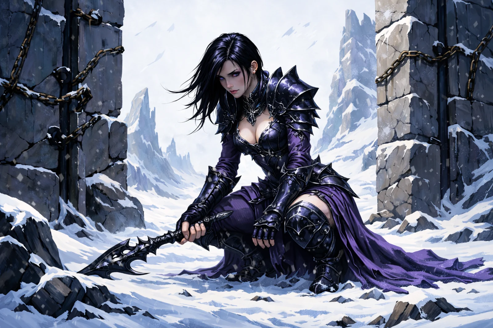Воительница в тёмных доспехах среди снега и ледяных скал в стиле AI-графики