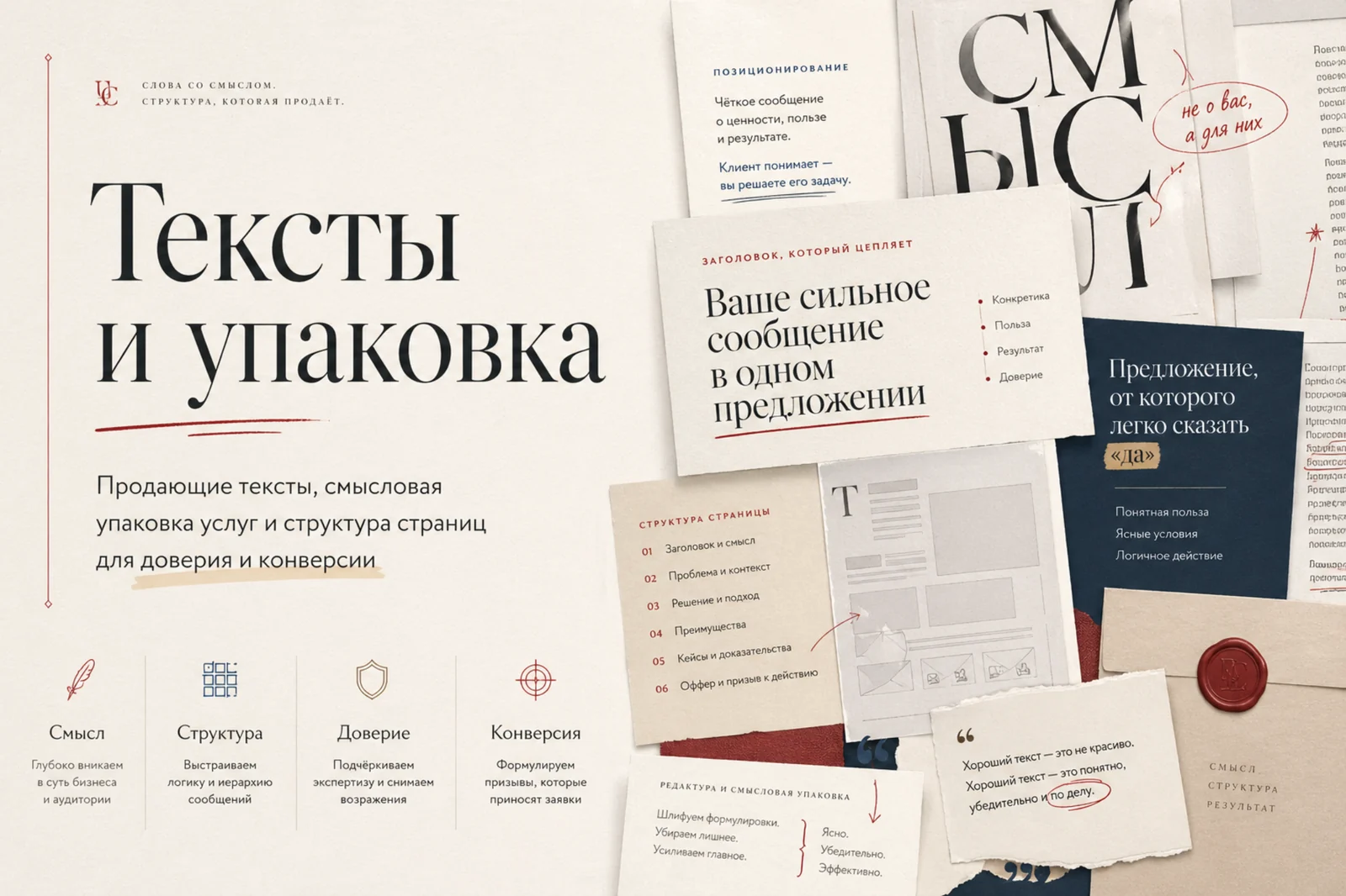 Баннер Яттера / Yattera «Тексты и упаковка» с карточками текстов, смысловой структурой страницы, позиционированием, оффером, заметками и элементами редакторской разметки.