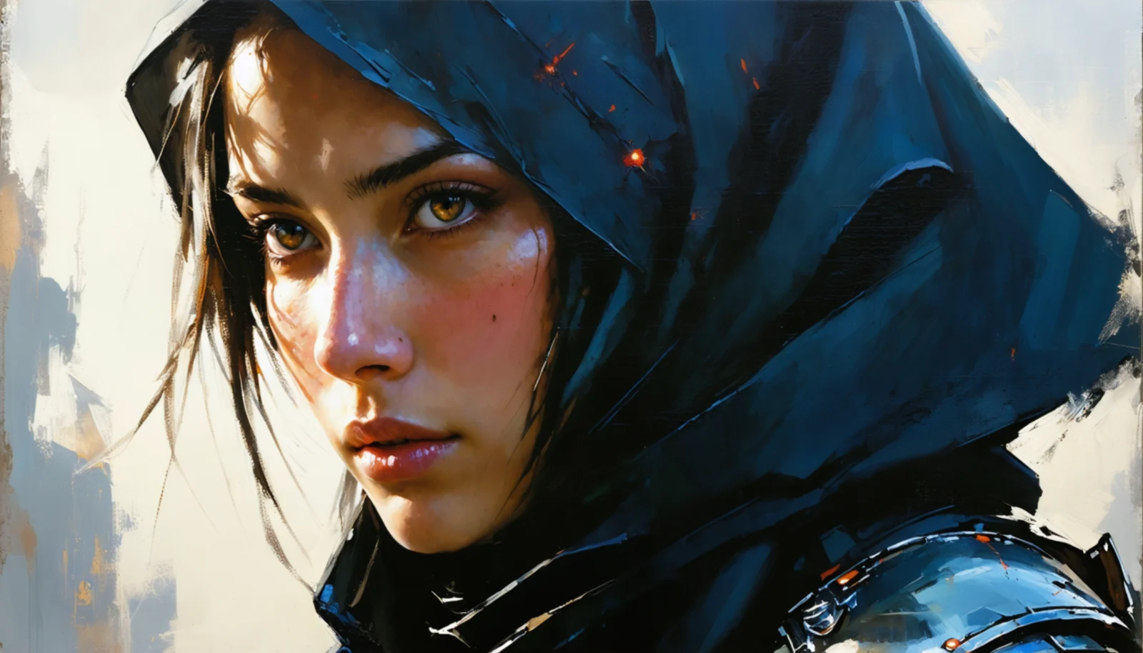 Портрет девушки в тёмном капюшоне в стилистике AI-графики