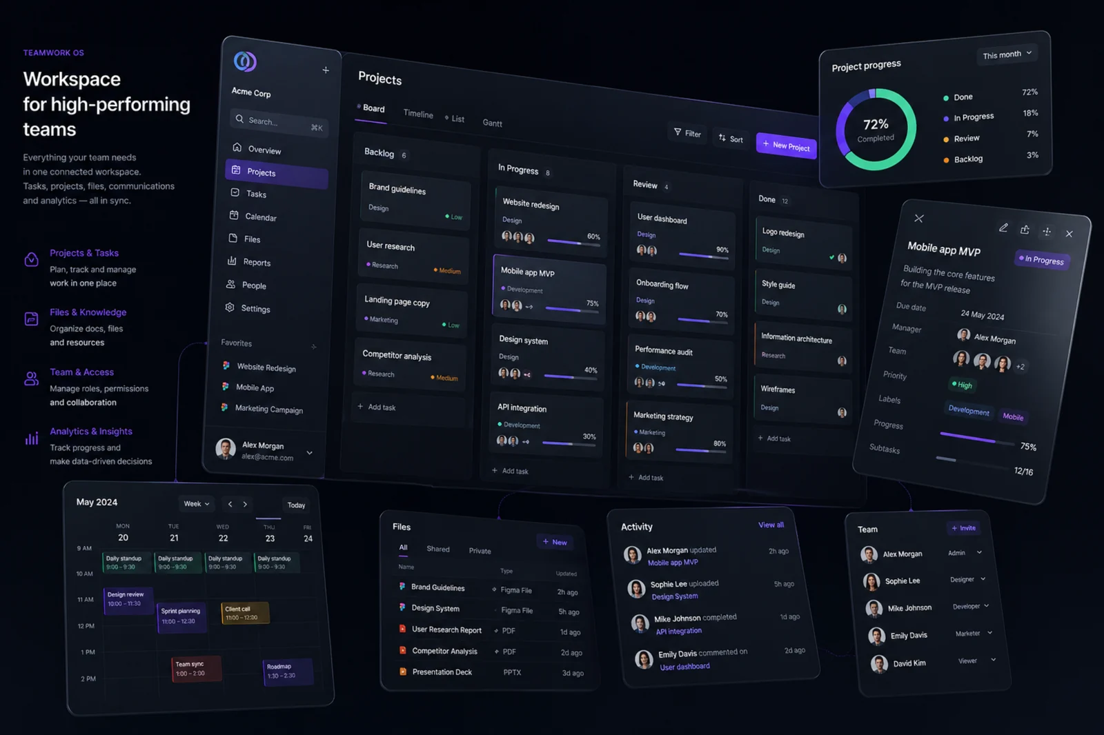 Интерфейс Яттера / Yattera в тёмной теме с рабочим пространством для команды, kanban-доской, проектами, задачами, календарём, файлами, аналитикой, активностью и участниками.