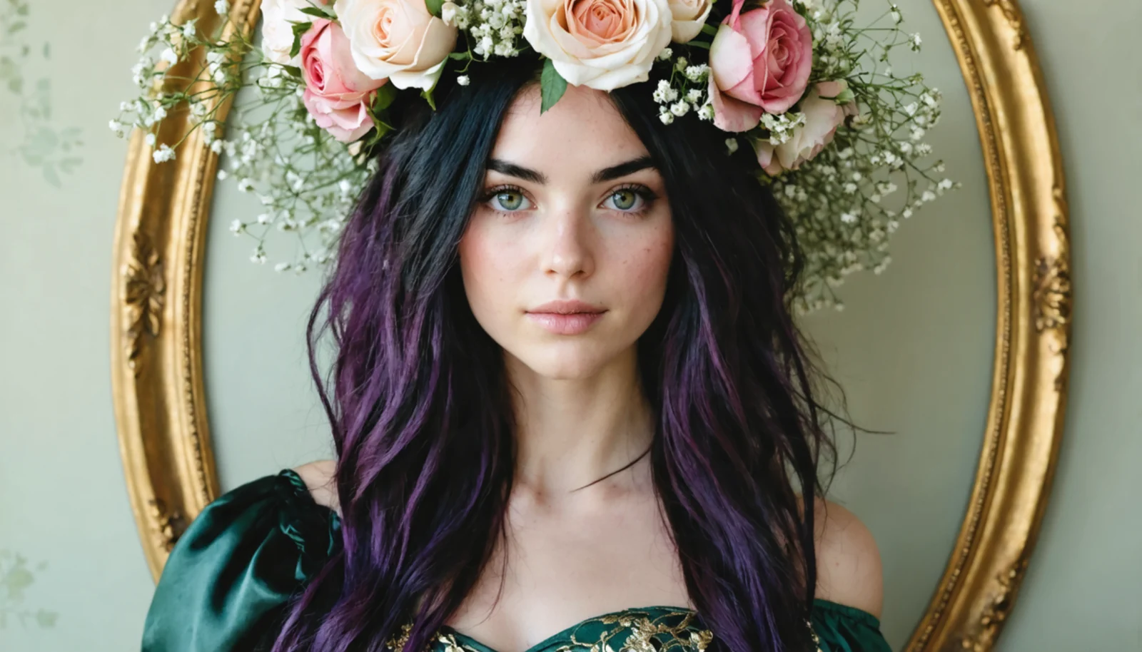 Женский портрет с цветочной короной в романтичной стилистике AI-графики