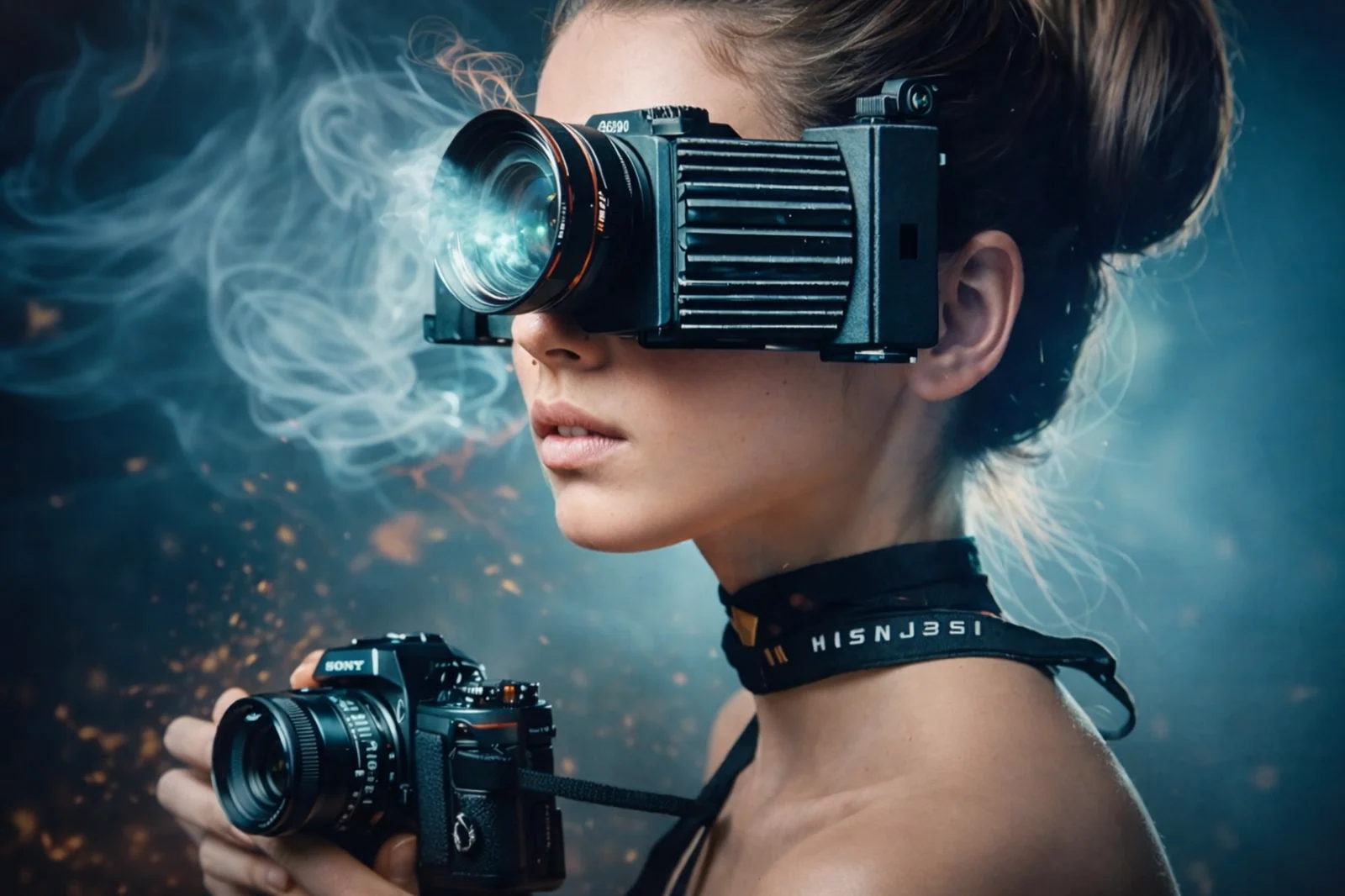 Девушка с камерой и футуристичным устройством на глазах в стиле AI-графики