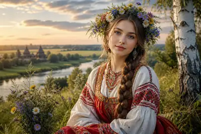 AI-графика Яттера / Yattera с портретом девушки в традиционном наряде с вышивкой, цветочным венком, длинной косой, на фоне реки, поля, берёзы и закатного пейзажа.