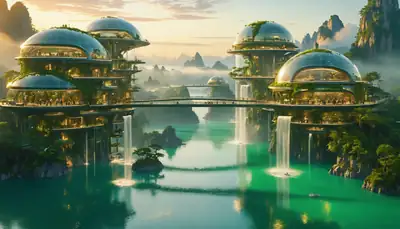Футуристичный экогород с купольной архитектурой, водопадами и зелёными террасами над бирюзовой водой