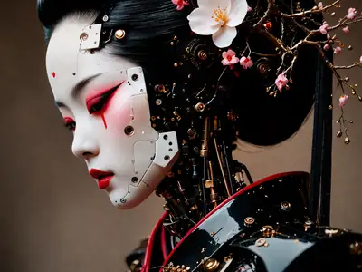 Футуристичный портрет женщины-андроида в японской эстетике с цветами в волосах