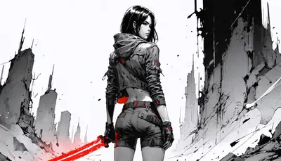 Героиня с красным светящимся мечом на фоне разрушенного города в стиле AI-графики