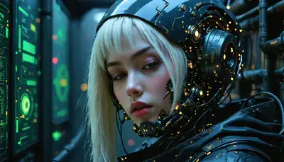 Футуристичный портрет девушки в кибернетическом шлеме рядом с цифровыми интерфейсами