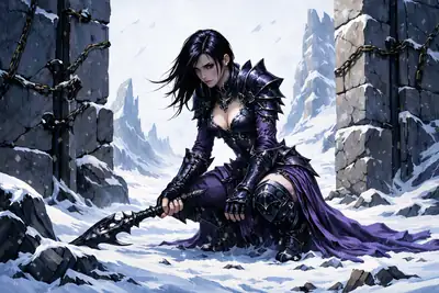 Воительница в тёмных доспехах среди снега и ледяных скал в стиле AI-графики