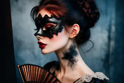 Женский портрет в чёрной маске с веером в стилистике AI-графики