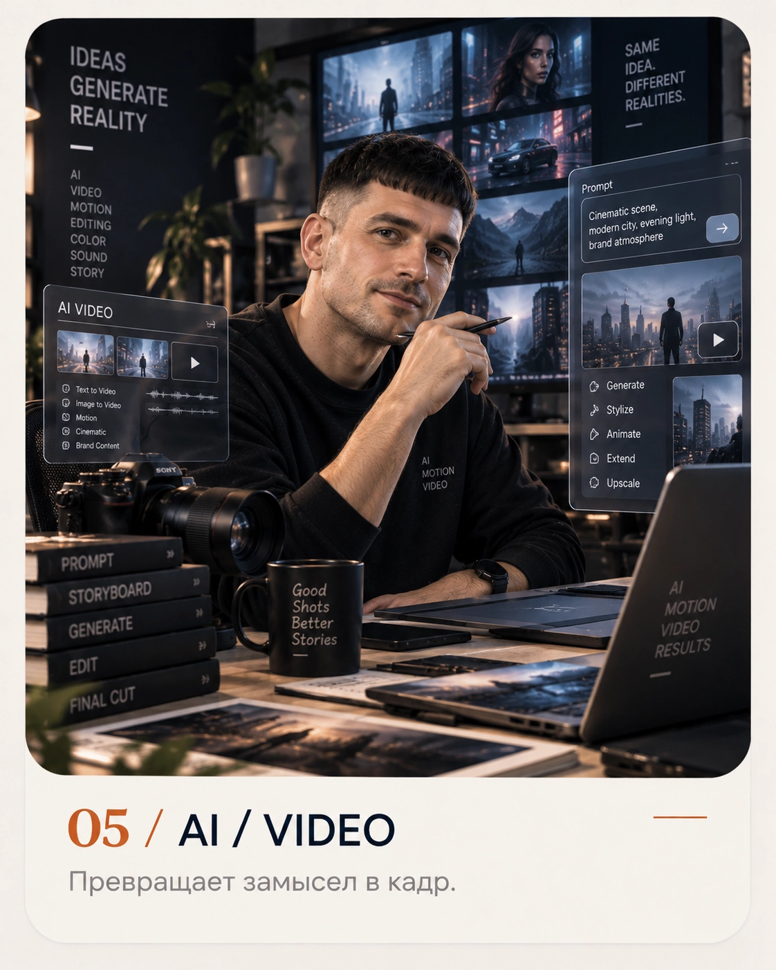 Образ специалиста AI и video команды Яттера — генерация, motion, монтаж и работа с кадром