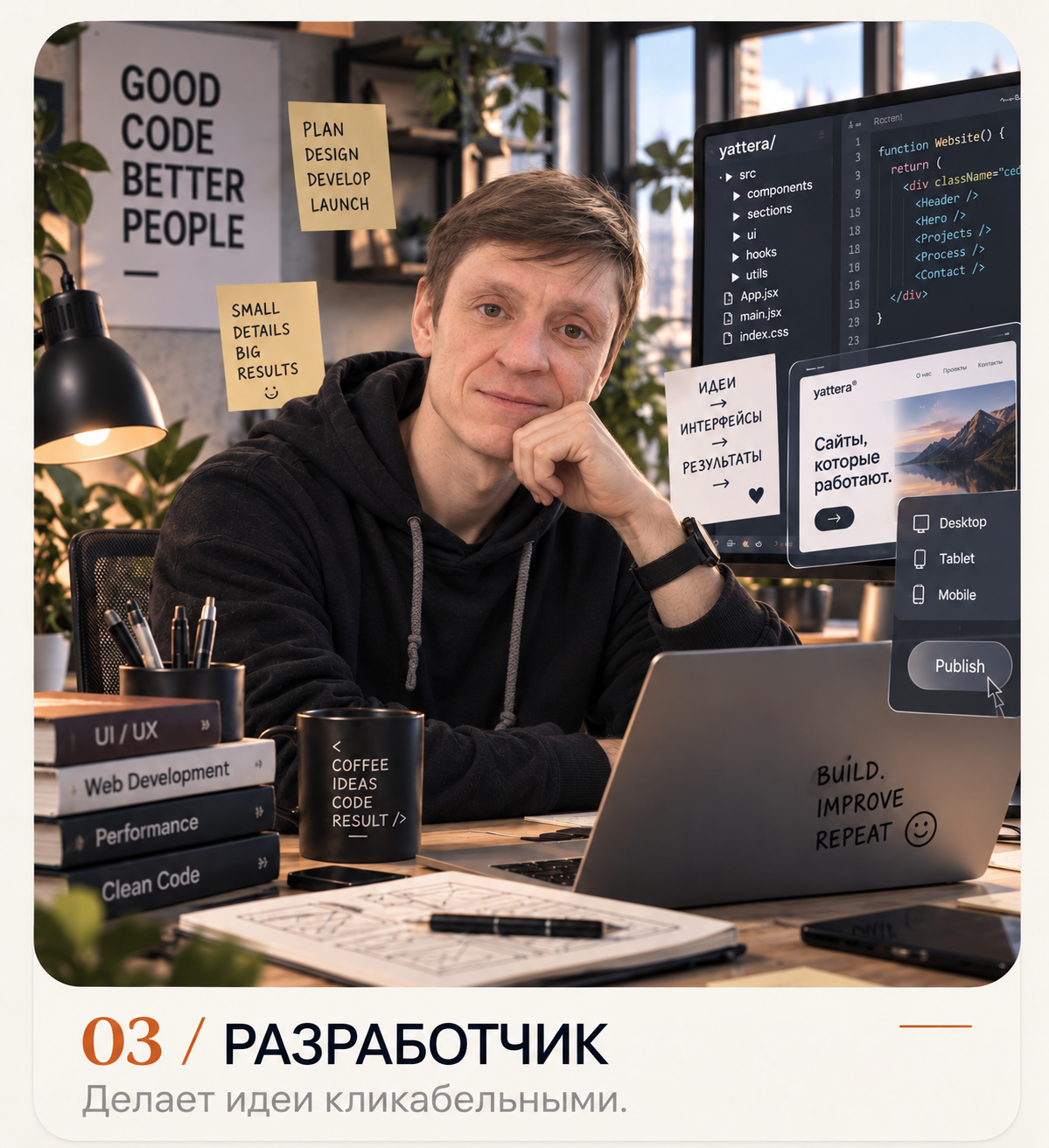 Образ веб-разработчика команды Яттера — интерфейсы, адаптивные сетки и код продукта
